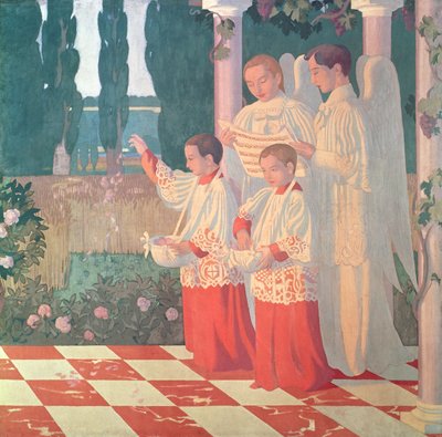 Exaltación de la Santa Cruz y la glorificación de la misa, lado derecho del panel central de un retablo de la Capilla del Colegio Sainte-Croix du Vesinet, 1899 de Maurice Denis